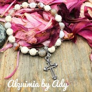 ✝️ Western Ranch Spirit | White Howlite & Smoky Agate Bracelet with Ornate Cross